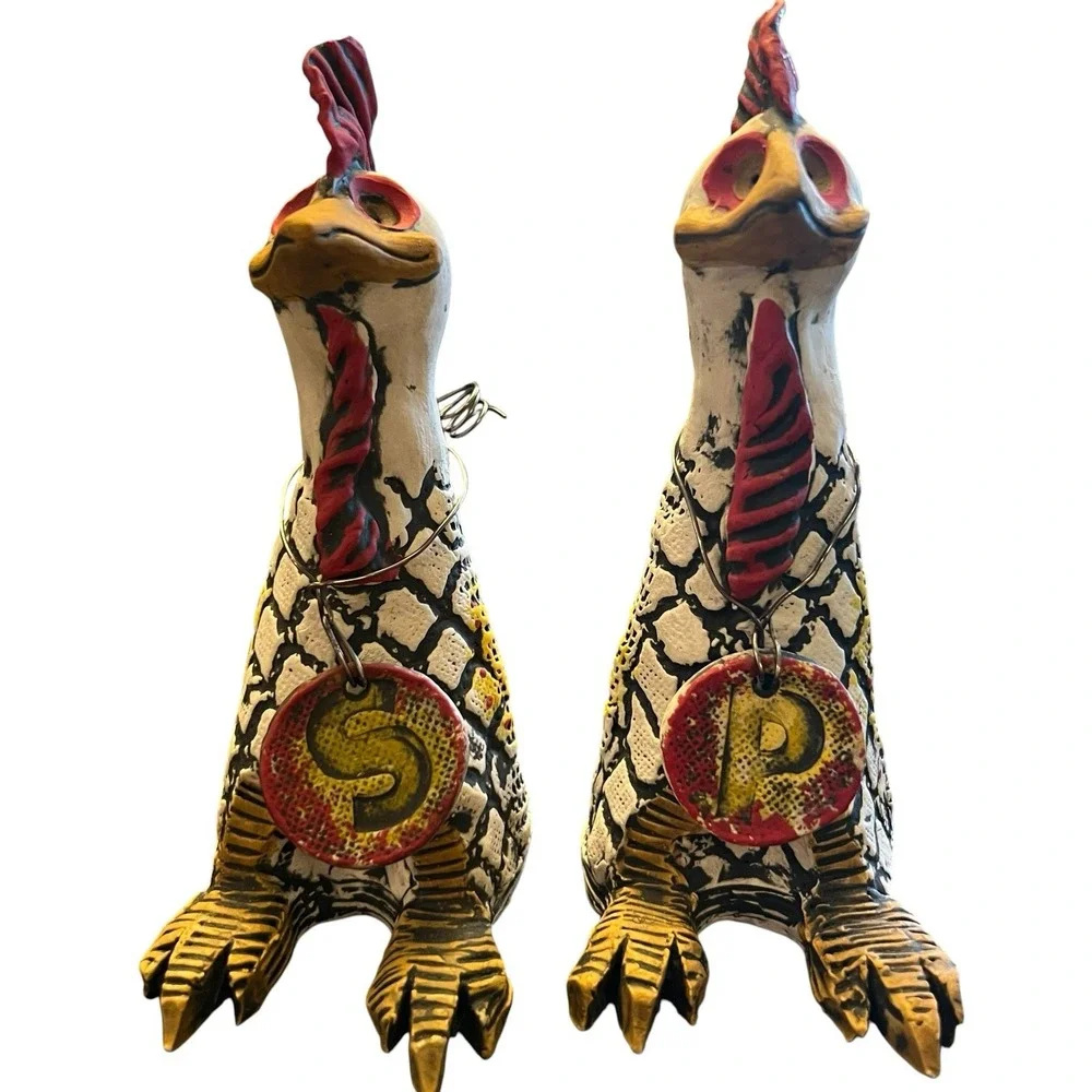 Studio Art Pottery Rooster Salt & Pepper Shakers Folk Art Primitive Farmhouse 6